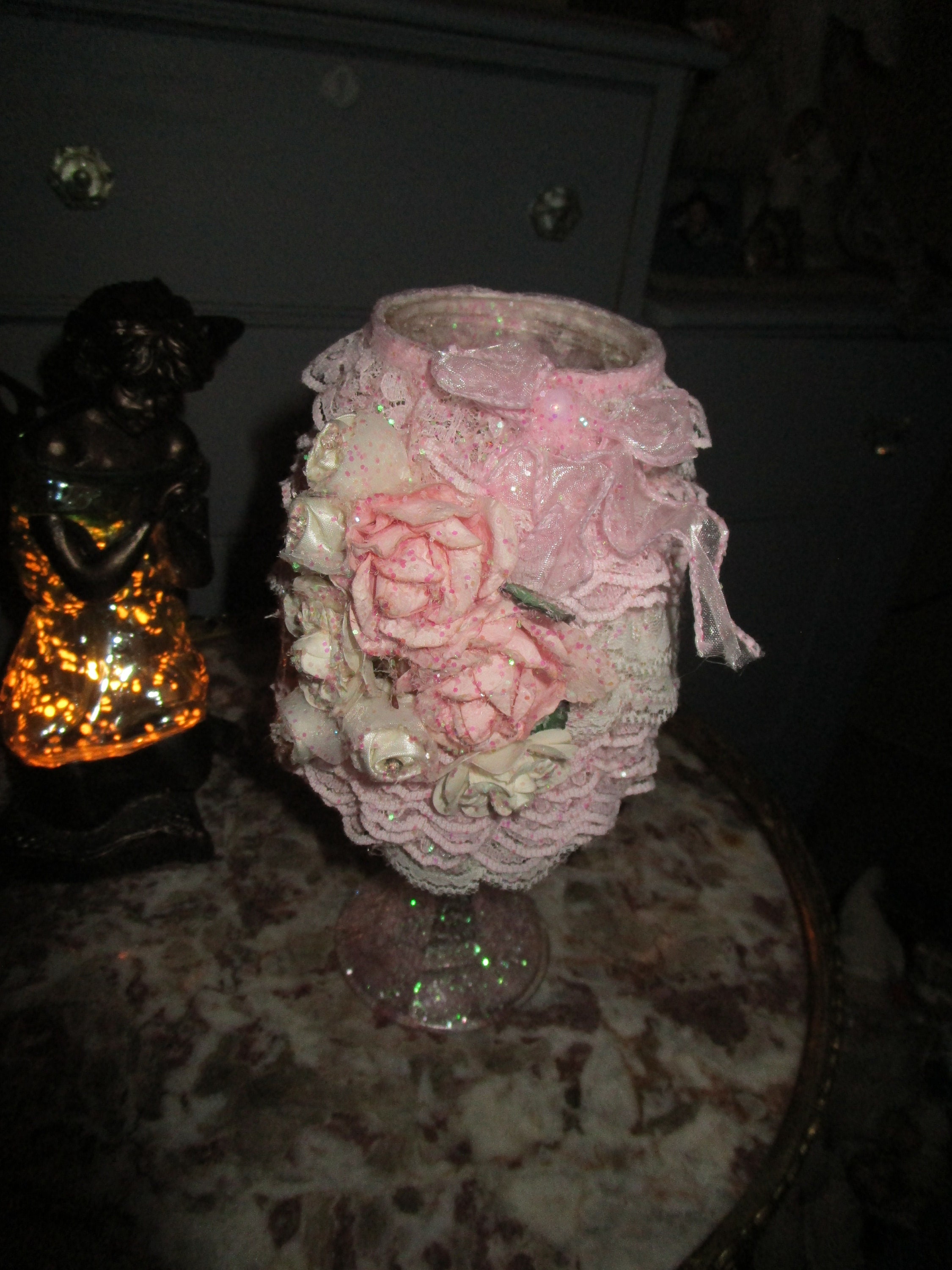 Shabby Chic Glass Tea Light Holder, Pink Rose Floral Candle Decor - Etsy