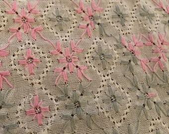 vintage embroidered Tablecloth, white/pink/green tablecloth