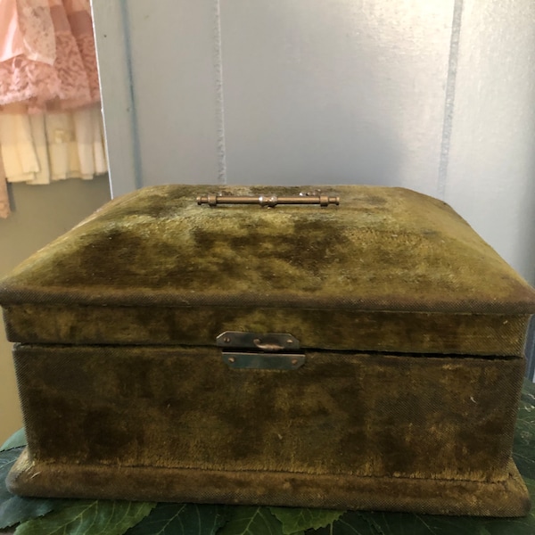 Antique Green Velvet Jewelry Box, Antique storage Box, RARE Box, Victorian Era Box