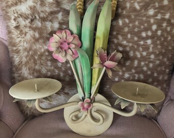 Vintage Tole Sconce, Metal Sconce, Flower and wheat Sconce, 2 Candle Wall Sconce