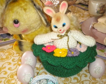 Vintage Rubber Head and Crochet Bunny Storage Container, Vintage Easter Decor, Eclectic Easter