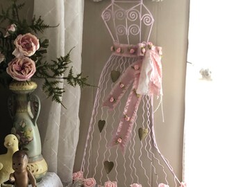 Shabby Chic Pink Rose Dress Form,Unique Hanging Dress Form, Metal Dress Form, Wall Decor, Romantic Bedroom, Hand Tied Rag Dress Form