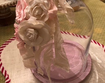 Shabby Chic Cloche with Pink and white paper roses,Roses and Ribbons, Display cloche