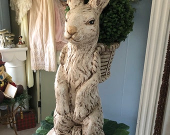 Large Hand Painted Rabbit with Basket and Faux boxwood ball, Garden Decor, All Year Round Bunny Decor