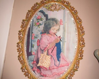 REDUCED.....Wall Art, Girl's Room, Needlepoint, Sewing, Ormolu Frame, OOAK Design, Antique Armolu Frame w/pearls,Beautiful