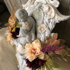 Cherub Wall Decor, Repurposed Antique Sconce, Heavy metal cherub wall Decor with Flowers