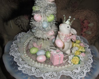 Shabby Chic Easter Vignette, Crowned Bunny, Vintage opalescent Glass, OOAK Easter Decor