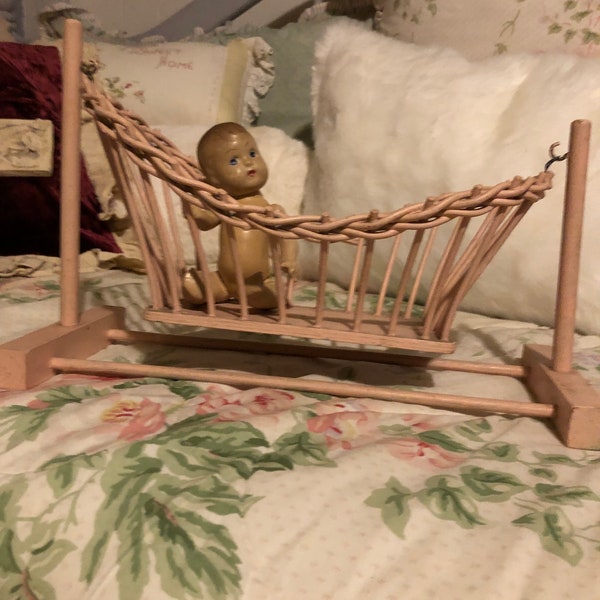 Vintage pink Cradle, pink cradle,Doll Furniture, Doll display