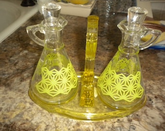 Cruets, Retro Oil and Vinegar Cruets: Yellow Glass Carrier, Apple Green Design