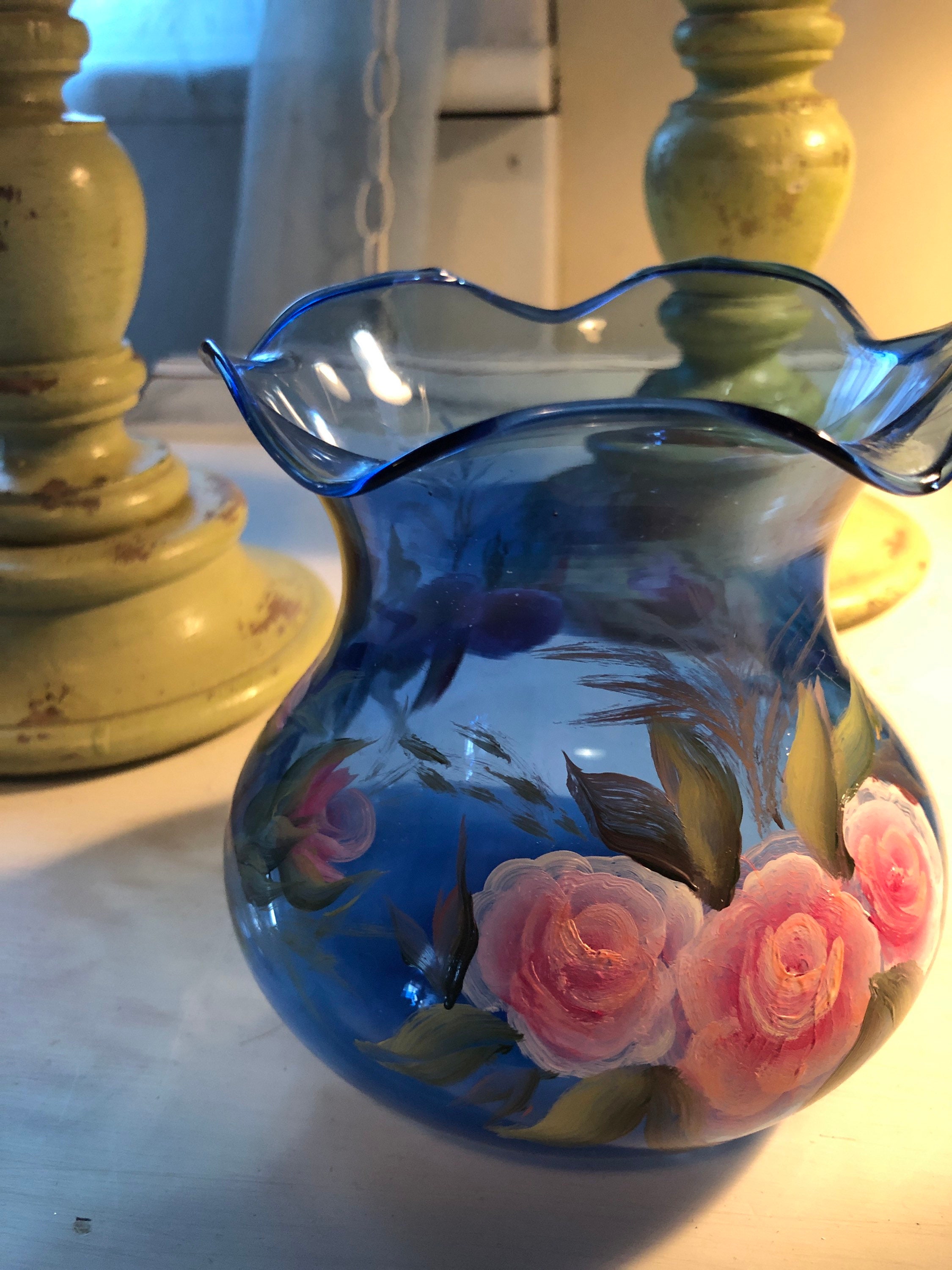 Hand Painted Pink Roses on Blue Glass Vase - Etsy