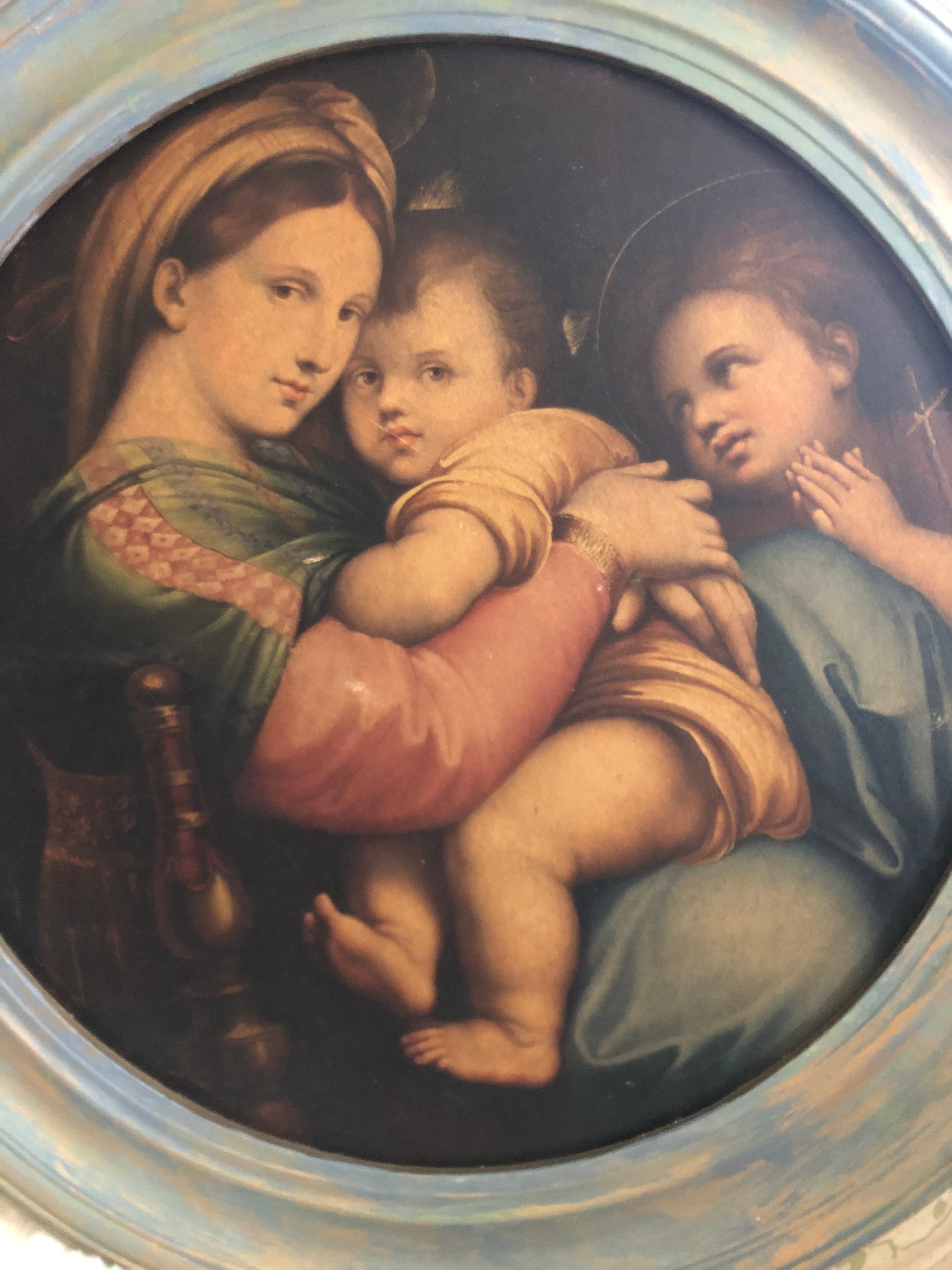 セール.アンティークの聖母子像の壁飾り、丸型フレーム、木製