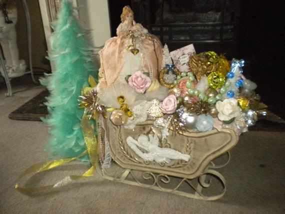 Shabby Chic Victorian Sleigh, Hollywood Regency Cherub Decor