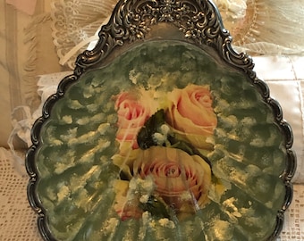 Silver plate, ornate shell shaped ornamental tray, collectible one of a kind bowl, Decoupaged silver plate Bowl, Pink Roses