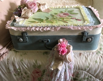 REDUCED....Shabby Chic Suitcase Decor,  Suitcase with Signed Rose Painting Top, Handmade One of a kind Suitcase