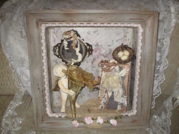 Vintage Wood Shadow Box, Shabby Chic Decor, Repurposed Display