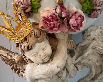 Cherub Wall  Pocket, Shabby Chic, Crowned Cherub , light blue and bronze color, Vintage, Wall Decor, One of a Kind