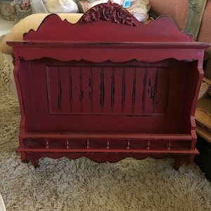 CLEARANCE...Cherry Red and black distressed shelf, Country Decor, Rose Swag