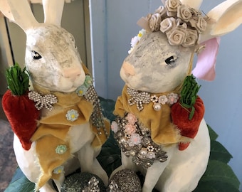Embellished Bunnies, One of a kind Bunnies, Set of Rabbits, Mr & Mrs Rabbit, Easter Decor, Rabbit Decor, Heirloom Pieces