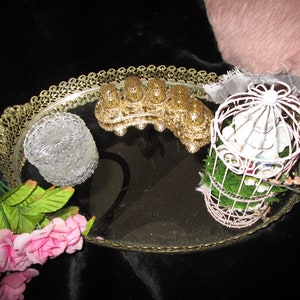 REDUCED....Beautiful 7 Piece Dresser Set, Vanity Mirror Tray, Vintage Lipstick Holder, Small bird cage, cherub, bird, crystal coasters