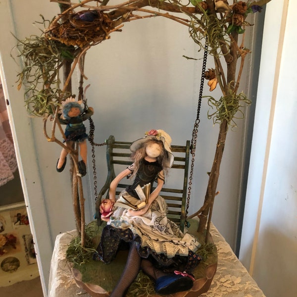 Fairy Girls on Swing, OOAK Cloth dolls, Cloth Fairy dolls, Twig and cloth art