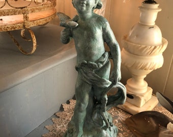 Crowned Vintage Unique Cherub, Vintage Repro Moreau French Italian Cherub Dove Statue Hand Painted Aqua Blue
