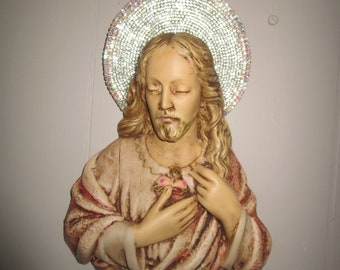 Jesus Wall decor, Antique  11"  Plaster Jesus with Rhinestone Halo, Wall Jesus with exposed heart by universal statuary of Chicago