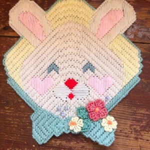 REDUCED.....Vintage Handmade Bunny Wall Hanging/ Trivet, Vintage Yarn Bunny Hanging, Easter Decor, Shabby chic bunny