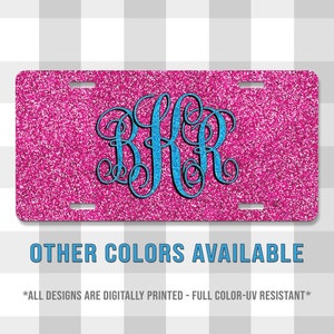 Pink Glitter Monogram Printed Aluminum License Plates | Custom Plate | Glitter | Vanity Plate | For Her | For Him