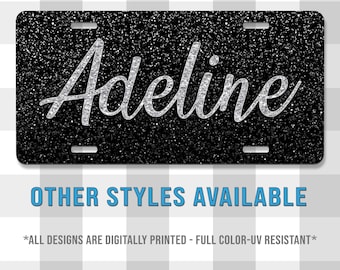 Adeline Style Black Glitter Printed Aluminum License Plate | Custom Plate | Glitter | Front License Plate | Vanity Plate | For Her | For Him