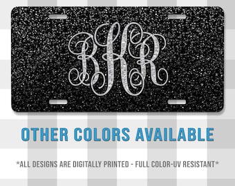 Black Glitter Monogram Printed Aluminum License Plate | Custom Plate | Glitter | Monograms | Vanity Plate | For Her | For Him