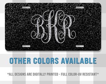 Black Glitter Monogram Printed Aluminum License Plate | Custom Plate | Glitter | Monograms | Vanity Plate | For Her | For Him