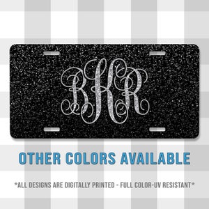 Black Glitter Monogram Printed Aluminum License Plate | Custom Plate | Glitter | Monograms | Vanity Plate | For Her | For Him