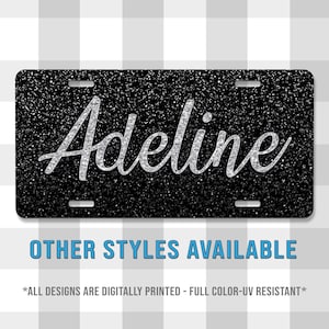 Adeline Style Black Glitter Printed Aluminum License Plate | Custom Plate | Glitter | Front License Plate | Vanity Plate | For Her | For Him