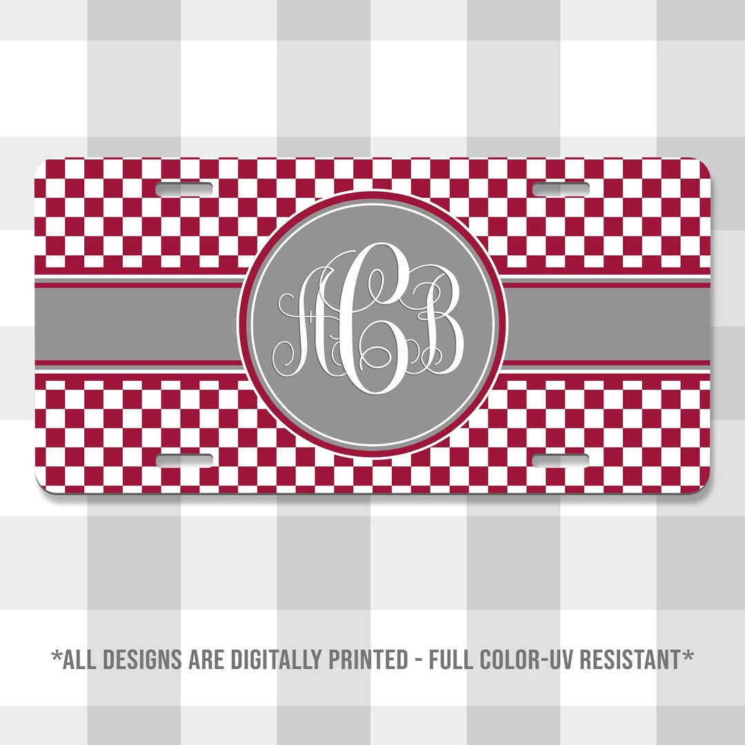 Checkered Stripe Monogram Printed Aluminum License Plates | Custom