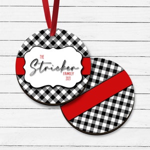 Ribbon Plaid Family Name Printed MDF Ornament | Family | Buffalo Plaid | Personalized Ornament | Holiday Gift | Christmas | Gift Idea