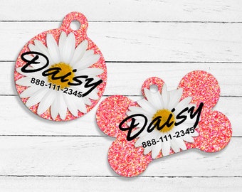 Daisy Style Printed PetID Tag | Glitter | Dog Tag | Cat Tag | Custom ID Tag | Pet Gifts | Pet Name Tag