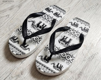 Thai Elephant Print Flip Flops, Natural Rubber Sandals, Non-Slip Summer Beach Shoes, Boho Slippers, Travel Gear, Siam Souvenir Gift