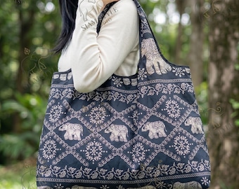 Borsa per la spesa pieghevole con elefante tailandese, borsa riutilizzabile per la spesa, borsa da mercato in nylon, borsa da viaggio boho, regalo per amanti degli animali, souvenir della Thailandia
