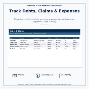 Puede incluir: Una hoja de c&aacute;lculo digital titulada "Track Debts, Claims & Expenses" con un dise&ntilde;o azul y blanco. La hoja de c&aacute;lculo organiza las reclamaciones de los acreedores, los gastos de la herencia, los impuestos, los saldos, los pagos y la prioridad. Incluye una tabla que detalla las deudas y las reclamaciones.