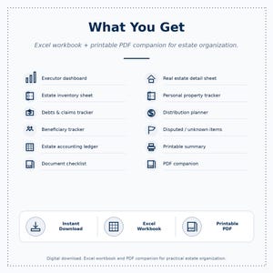 Puede incluir: Un gr&aacute;fico de descarga digital con el texto "What You Get" y una lista de herramientas de organizaci&oacute;n de bienes, que incluye un panel de control del ejecutor, una hoja de inventario de bienes y un PDF imprimible. La imagen tambi&eacute;n incluye iconos para descarga instant&aacute;nea, libro de trabajo de Excel y PDF imprimible.