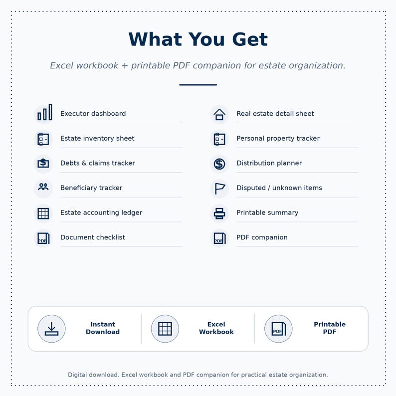 Puede incluir: Un gr&aacute;fico de descarga digital con el texto "What You Get" y una lista de herramientas de organizaci&oacute;n de bienes, que incluye un panel de control del ejecutor, una hoja de inventario de bienes y un PDF imprimible. La imagen tambi&eacute;n incluye iconos para descarga instant&aacute;nea, libro de trabajo de Excel y PDF imprimible.