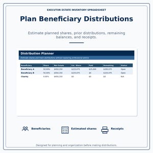 Puede incluir: Hoja de c&aacute;lculo digital titulada "Plan de Distribuci&oacute;n de Beneficiarios" con una tabla que muestra porcentajes de acciones, valores netos de la herencia, acciones estimadas y saldos restantes. Dise&ntilde;ado para la planificaci&oacute;n patrimonial.