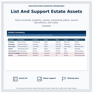 Puede incluir: Una hoja de c&aacute;lculo digital titulada "List And Support Estate Assets" con una tabla que detalla el inventario de la herencia. La tabla incluye categor&iacute;as como verificaci&oacute;n, corretaje y bienes ra&iacute;ces, con valores y estados de revisi&oacute;n. Tambi&eacute;n hay iconos adicionales para listas de activos, soporte de valor y documentos faltantes.