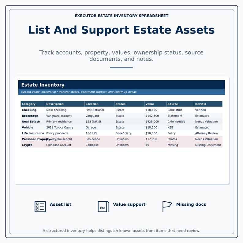 Puede incluir: Una hoja de c&aacute;lculo digital titulada "List And Support Estate Assets" con una tabla que detalla el inventario de la herencia. La tabla incluye categor&iacute;as como verificaci&oacute;n, corretaje y bienes ra&iacute;ces, con valores y estados de revisi&oacute;n. Tambi&eacute;n hay iconos adicionales para listas de activos, soporte de valor y documentos faltantes.