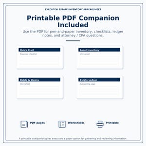 Puede incluir: Documento blanco con el texto "EXECUTOR ESTATE INVENTORY SPREADSHEET" y "Printable PDF Companion Included." El documento incluye secciones para Quick Start, Asset Inventory, Debts & Claims y Estate Ledger. Tambi&eacute;n presenta iconos para p&aacute;ginas PDF, hojas de c&aacute;lculo e imprimibles.