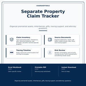 Puede incluir: Un producto digital titulado "Separate Property Claim Tracker" con secciones para el inventario de reclamos, documentos fuente, cronograma de seguimiento y revisión de riesgos. Incluye un libro de trabajo de Excel, PDF imprimible y opciones de descarga instantánea. Ayuda a organizar bienes prematrimoniales.