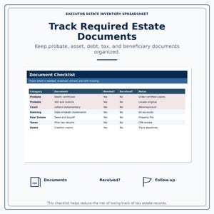 Puede incluir: Una lista de verificaci&oacute;n de documentos titulada "Seguimiento de los documentos patrimoniales requeridos" con una tabla que enumera categor&iacute;as como Sucesi&oacute;n, Banca e Impuestos. La lista de verificaci&oacute;n ayuda a organizar documentos como certificados de defunci&oacute;n y declaraciones de impuestos. La imagen incluye el texto "Documentos", "&iquest;Recibido?" y "Seguimiento".