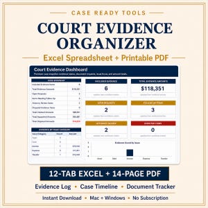 Organizador de pruebas judiciales: plantilla de Excel y PDF imprimible