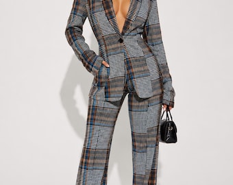 Blue Plaid Blazer and Trouser Pant Set Women's Checked Business Suit, Tartan Office Wear, Professional 2 Piece Set, Chic Plaid Work Outfit