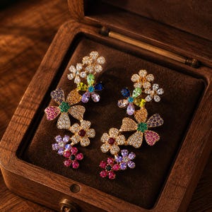 Op de afbeelding: Een paar goudkleurige bloemen oorbellen met kleurrijke edelsteen accenten, tentoongesteld in een houten sieradendoos. De oorbellen hebben bloemclusters in verschillende maten en kleuren, waaronder roze, paars, groen en blauw.